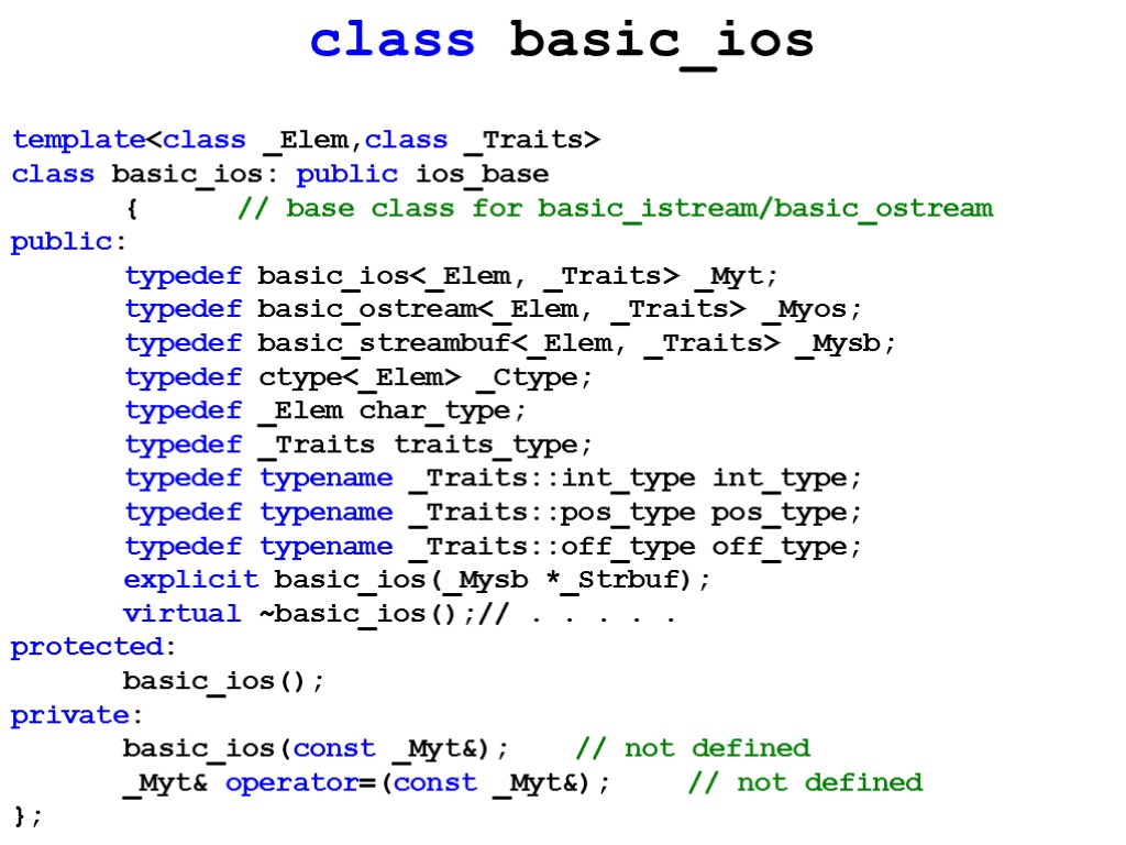 class basic_ios template<class _Elem,class _Traits> class basic_ios: public ios_base { // base class for